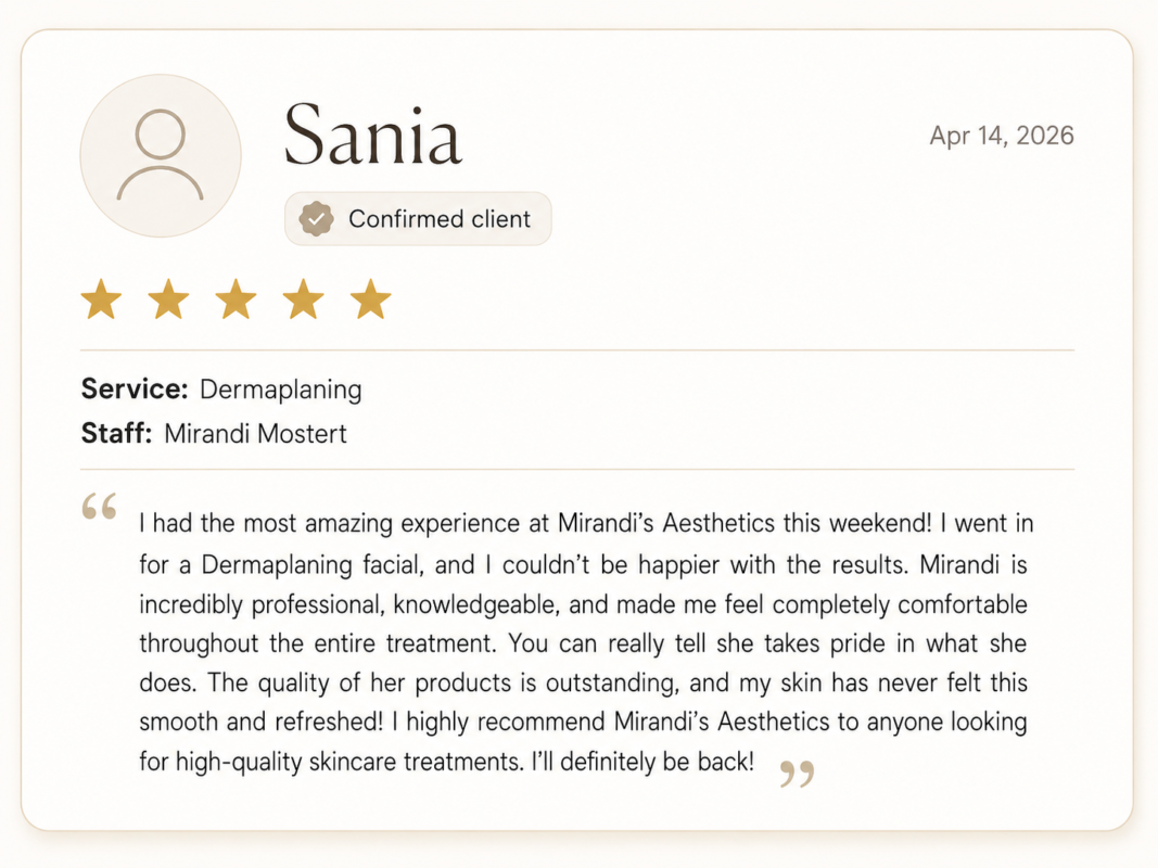 Testimonial card for Sania: 5-star rating, 'Confirmed client', service Dermaplanning, staff Mirandi Mostert, Apr 14, 2026, with quoted praise.