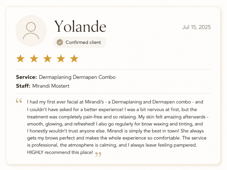Testimonial card for Yolande with a 5-star rating, date Jul 15, 2025, service Dermaplaning Dermapen Combo by Mirandi Mostert, plus a quoted review.