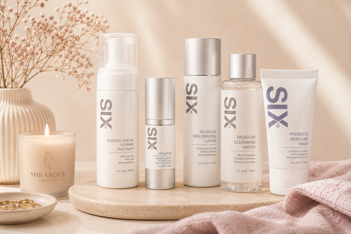 Skincare bottles and a tube arranged on a round tray with a candle, dried flowers, and a pink towel in a soft beige setting