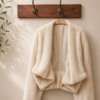Cream faux-fur coat hanging on a wooden wall hook rack with a beige wall and a plant to the left, as if in a cozy entryway.