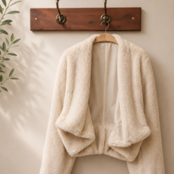 Cream faux-fur coat hanging on a wooden wall hook rack with a beige wall and a plant to the left, as if in a cozy entryway.